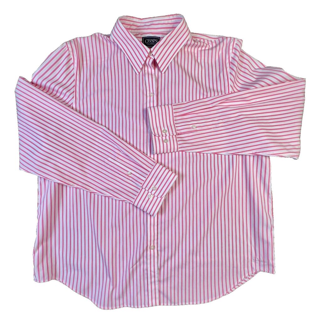 Chaps Classics Womens XL Pink White Striped No Iron Cotton Button Up Shirt